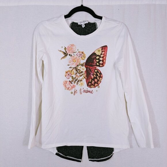 Jessica Simpson Buttefly Floral "Je T'aime Long Sleeve Top Girl's Large 14/16 - Picture 1 of 4